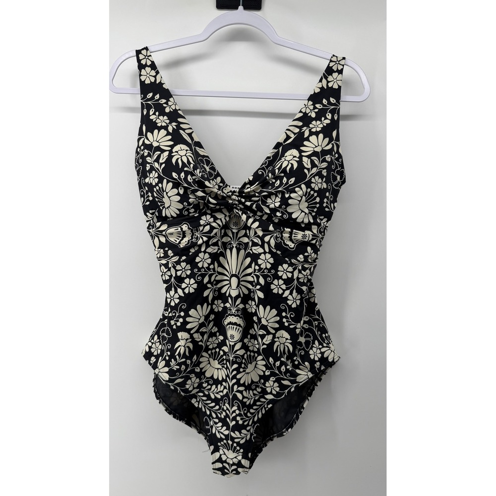 Boden Womens Black Ivory Floral Twist Front One Piece Swimsuit US 12L 12 long